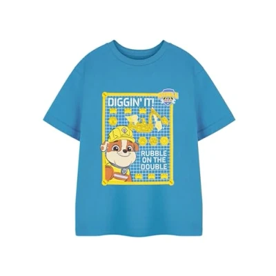 Image of Paw Patrol Rubble &amp; Crew Boys Blue Short Sleeved T Shirt Childrens Diggin&#039; It Builders Graphic Tee Kids Cartoon Character Digger Top Movie Merchandise Gift