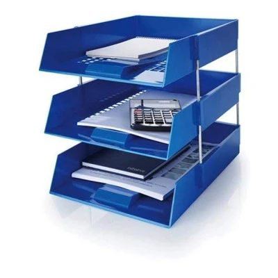 Image of 5 Star Blue A4 Plastic Letter File Trays, Including Risers. (3 Trays/2 Riser Sets)