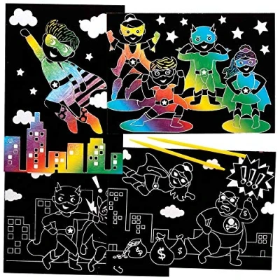 Image of Baker Ross FE426 Star Hero Scratch Art Pictures Pack of 8, Engraving for Children, Creative Activities Kids, Set Minds