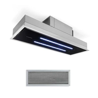 Image of Klarstein High Line Ceiling Hood Built In, 77 cm, 410 m3 / h, Circulating/Exhaust Air, 3 Steps, LED, Remote Control, Activated Carbon Filter, Substructure Hood, Stainless Steel/Black Glass
