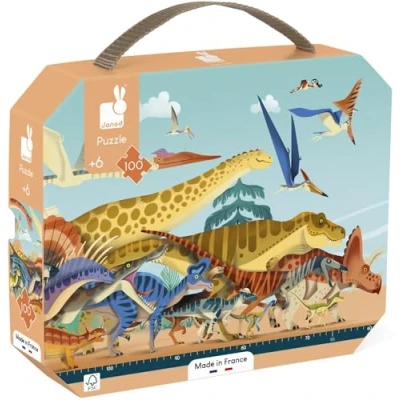 Image of Janod Dino,Dinosaur Children’s 100 Piece Panoramic Puzzle 1 Metre Long FSC Certified Cardboard Vegetable Ink Made in France 6 Years +, J05831, Multicolor