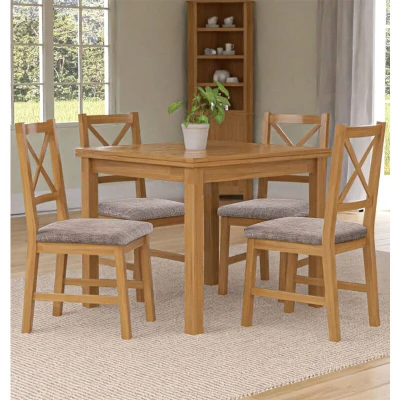 Image of Hallowood Furniture Waverly Extending Dining Table and Chairs Set 4, Small Kitchen in Light Oak Cross Back with Grey Fabric Seat for Room Lounge