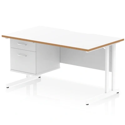 Image of Oslo 1400 x 800mm Edge Office Desk White Top Natural Wood Cantilever Leg Workstation 1 2 Drawer Fixed Pedestal