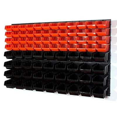 Image of 48 orange S size and 36 black M storage bins with wall mounted panel