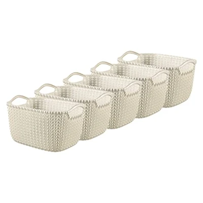 Image of Curver Knit Effect Set of 5 Kitchen, Living room, Bathroom, Bedroom, Utility Rectangular Small Storage Basket 8 Litres Oasis White