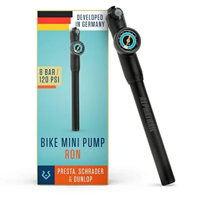 Image of Mini Bike pump with extendable head for all valves 120 PSI / 8.3 bar I Presta, Schrader &amp; Dunlop valve changeable from Presta to Autovalve incl. adapter MTB, E