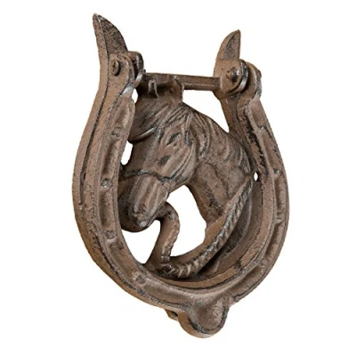 Image of HOMESCAPES Horse and Lucky Horseshoe Door or Gate Knocker Antique Style Brown Cast Iron