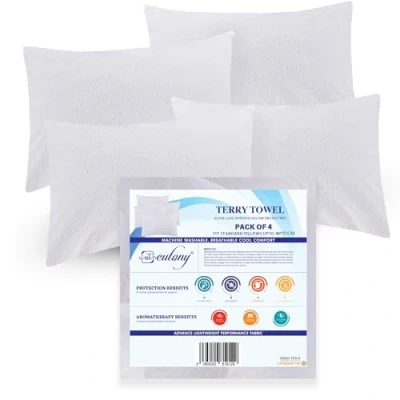 Image of Eutony Pillow Protectors Waterproof 4 Pack Terry Towel Zipped Ultra Luxe Protectors, Soft &amp; Breathable Hypoallergenic 50 x 75cm White