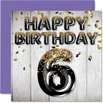 Image of 6th Birthday Card for Boys Black &amp; Gold Glitter Balloons Happy Cards 6 Year Old Boy Son Brother Grandson Cousin, 145mm x Six Sixth Bday Greeting Gift