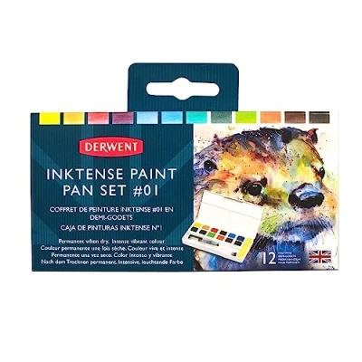 Image of Derwent Inktense Paint 12 Pan Palette #1, Set of 12, Half Size, Water Soluble, Ideal for Painting &amp; Crafts on Paper Fabric, Professional Quality, Travel Size (2302636)
