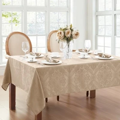 Image of Elrene Damask Tablecloth, Polyester, Taupe, 52&quot; x 70&quot; Oblong/Rectangle