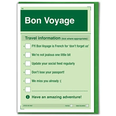 Image of Brainbox Candy Funny Bon Voyage Card &#039;Travel Information…&#039; Tick Box Cheeky Joke Humour Cards Novelty For Him Her Friends Mates