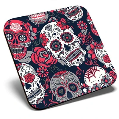 Image of Great Single Coaster Square Red Rose Skulls Calavera Mexican Glossy Quality Coasters Tabletop Protection for Any Table Type #14215