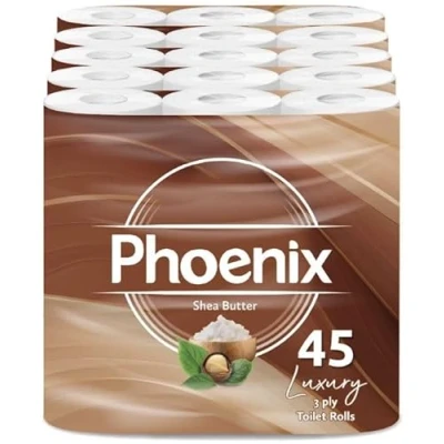 Image of 45 Phoenix Soft Shea Butter Fragranced Luxury Toilet Rolls Bulk Buy Quilted White 3 Ply Paper Pack of Tissue (9 x 5 Packs) 150 Sheets per roll (6,750 Sheets)