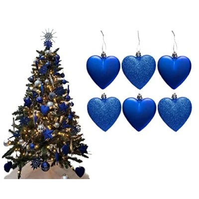 Image of 6pc Large Glitter &amp; Matte Heart Baubles Great Christmas Tree Decorations, (Royal Blue)