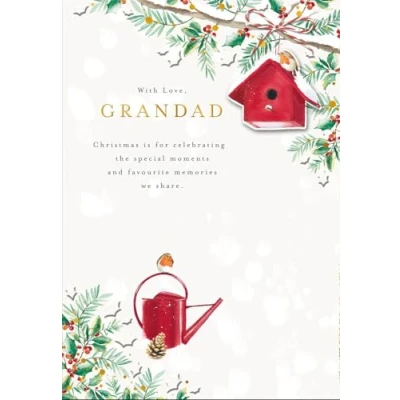 Image of Cards Hallmark Christmas for Grandad, Featuring Festive Birdhouse and Watering Can
