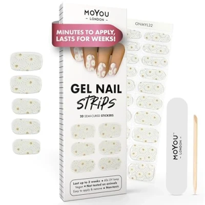 Image of MOYOU LONDON Semi Cured Gel Nail Strips 20 Pcs. Wraps for Salon Quality Manicure Works with Any UV Lamp Easy to Apply, Trim, &amp; Remove Stickers