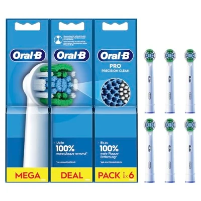 Image of Oral B Pro Precision Clean Electric Toothbrush Head, X Shape and Angled Bristles for Deeper Plaque Removal, Pack of 6 Heads, Suitable Mailbox, White