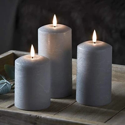 Image of Lights4fun Set of 3 TruGlow® Grey Pillar Candles Battery LED Flameless with Timer Remote Included
