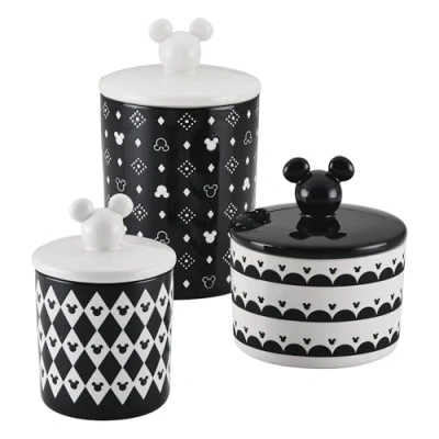 Image of Prestige Disney Monochrome Mickey Mouse Kitchen Canisters Set of 3 Airtight Ceramic Storage Jars With Lids, Black &amp; White