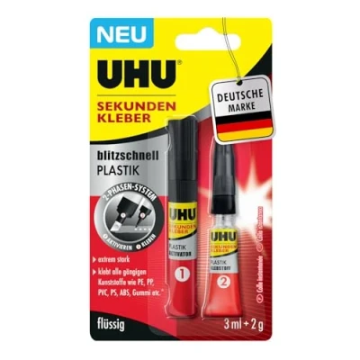 Image of UHU super glue in a flash, plastic, lightning fast 2 phase for bonding all standard plastics, g + 3 ml