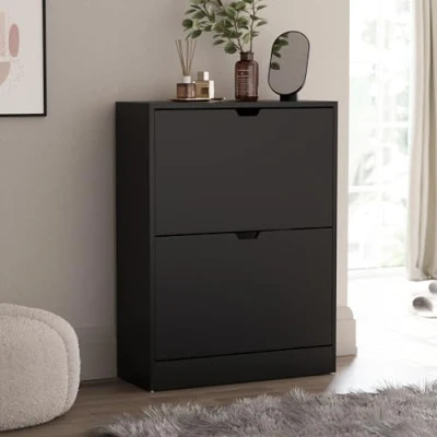 Image of Vida Designs 2 Drawer Shoe Cabinet, Space Saving Storage Cupboard with Flip Drawers, Hallway ad Living Room Furniture 100% FSC certified (Black)