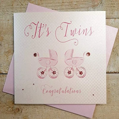 Image of white cotton cards Its Twins Congratulations Handmade New Baby Card Pink Prams, TW5P