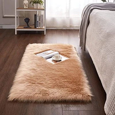 Image of Cumay Super Soft Fluffy Faux Sheepskin Rug, Shaggy Silky Plush Carpet For Bedrooms Rugs Living Room Kids Rooms Decor Bedside (27.5 x 53.1 inch, Brown)