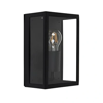Image of Modern IP44 Rated Black &amp; Glass Rectangular Outdoor Security Wall Light Lantern