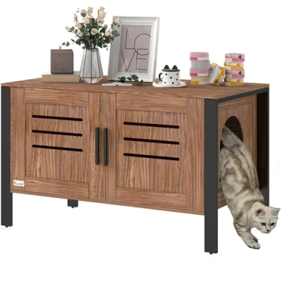 Image of PawHut Cat Litter Box Enclosure, Hidden Furniture Washroom with Tall Legs, Scratching Board, Double Doors, Ventilation Holes, Indoor House Side End Table, 80 x 45 50 cm, Dark Brown