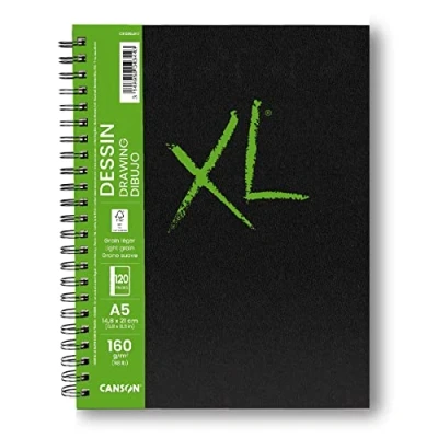 Image of CANSON XL Drawing 160gsm A5 Paper, Light Grain, Spiral Pad Long Side, 60 White Sheets, Ideal for Professional Artists &amp; Students