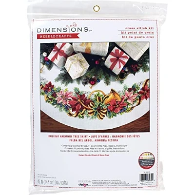Image of Dimensions Counted x Stitch Holiday Harmony Tree Skirt, 100% Cotton, White, 114.5 0.1 cm