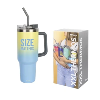 Image of Fisura Thermal Water Bottle 40 oz. Large Insulated Bottle. Stainless Steel BPA Free. Cold for 24 Hours/hot 12 Hours. Includes Straw. 3.81 inch x 10,94 (Size, Yellow)