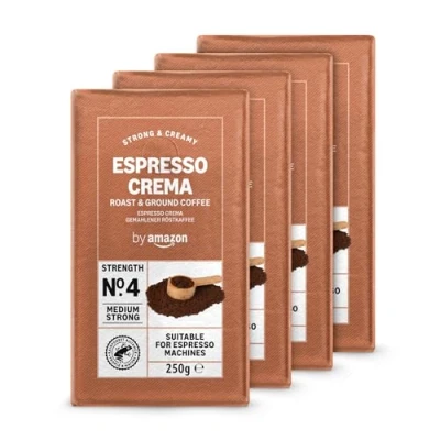 Image of by Amazon Ground Coffee Espresso Crema, Medium Roast, 250 g, Pack of 4 Rainforest Alliance Certified