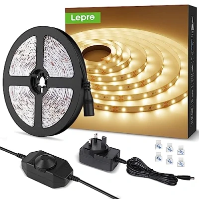 Image of Lepro Warm White LED Strip Light 5M 300 LEDs, 1650lm Dimmable Tape Lights, 3000K Flexible Lights for Bedroom Kitchen Under Cabinet Wardrobe Stair (12V Power Plug and Dimmer Switch Included)