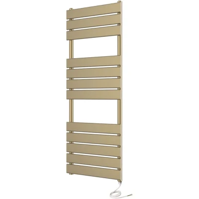 Image of Greened House Richmond Electric Heated Towel Rail Brushed Brass Flat Panel Bathroom Radiator (500mm W x 1200mm H)