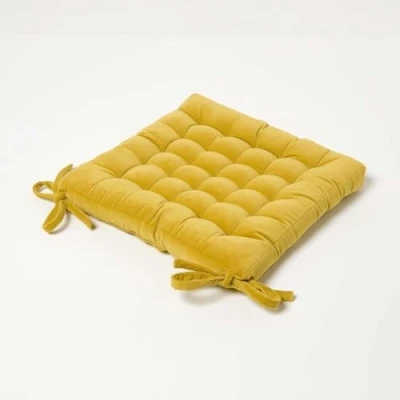 Image of HOMESCAPES Mustard Yellow Velvet Seat Pad for Dining Chair 40 x cm Super Soft 100% Cotton Quilted with Straps Indoor &amp; Outdoor Garden Use Lasting Comfort Support