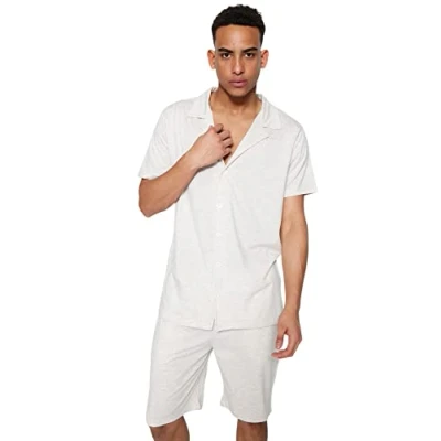 Image of Trendyol Man Straight Woven T shirt Short Pajama Set Beige