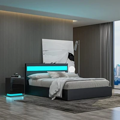 Image of Ottoman Lift Storage Bed Frame with LED Headboard, 5FT King Size Frame, Faux Leather Upholstered Gas Up Storage, for Bedroom Furniture, Black