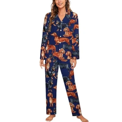 Image of Dachshund Dog Print Blue Womens Pyjamas Set Long Sleeve Pjs Sets Pajama Sleepwear Loungewear M