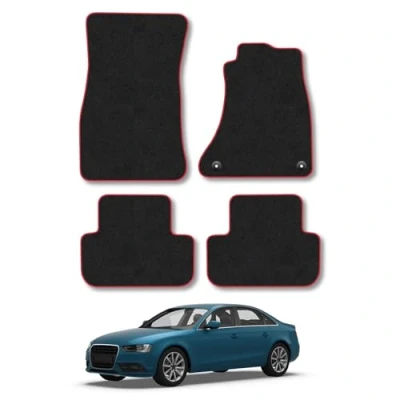 Image of Car Mats Compatible with Audi A4 (2008 2016) Tailored Fit Red Trimmed Carpet Floor Mat Set Accessory Black Custom Fitted 4 Pieces Clips Anti Slip Backing &amp; Trim Edging