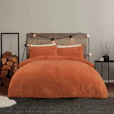 Image of Sleepdown Teddy Fleece Rust Orange Duvet Cover Quilt Bedding Set with Pillowcase Thermal Warm Cosy Super Soft Easy Care Bed Linen Single (135cm x 200cm), 5056557512188