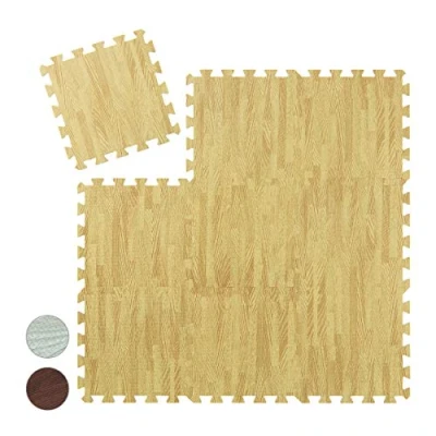 Image of Relaxdays Floor Protection Mat, 9 Puzzle Mats for Sports &amp; Fitness Equipment, EVA Foam, BPA free, Wood Look, Brown
