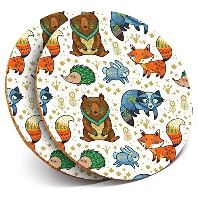 Image of 2 x Round Coasters Woodland Bear Rabbit Hedgehog Fox Cork Backed Home Kitchen Accessory Tea Coffee Mug Mat #15877