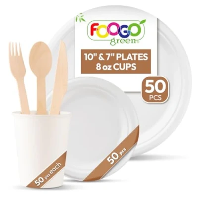 Image of FOOGO Green 300pcs Disposable Sugarcane Fibre Paper Plates, Cups and Wooden Cutlery Set, FSC® Certified, 50x Large Round Small Cups, Forks, Knives, Spoons