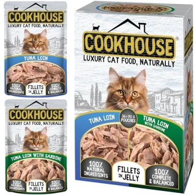 Image of COOKHOUSE 100% Natural &amp; Complete Luxury Wet Cat Food 36 x 70g Pouches Tuna Loin/Tuna Loin with Sardine Fillets in Jelly