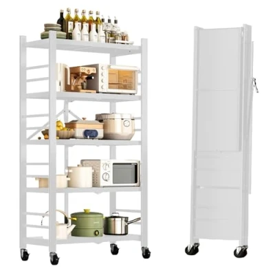 Image of MAGIC SELECT Storage Shelving, Multiuse Modular Shelf, Shelf with Wheels, Folding Standing Furniture for Kitchen, Bathroom, Bedroom, Living Room 5 Shelves.