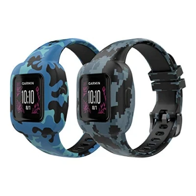 Image of MoKo 2 Pack Strap Compatible with Garmin Vivofit jr. 3 Fitness Tracker for Kids, Soft Silicone Adjustable Replacement Band Wristband Bracelet, Camouflage Blue &amp; Mosaic