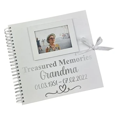 Image of Personalised Bereavement Scrapbook, Treasured Memories Photo Album White Memory Book Funeral Guest