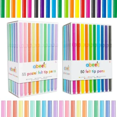 Image of abeec Felt Tip Pen Bundle 50 Assorted &amp; Pastel Pens for Kids (Total 100 Pens)